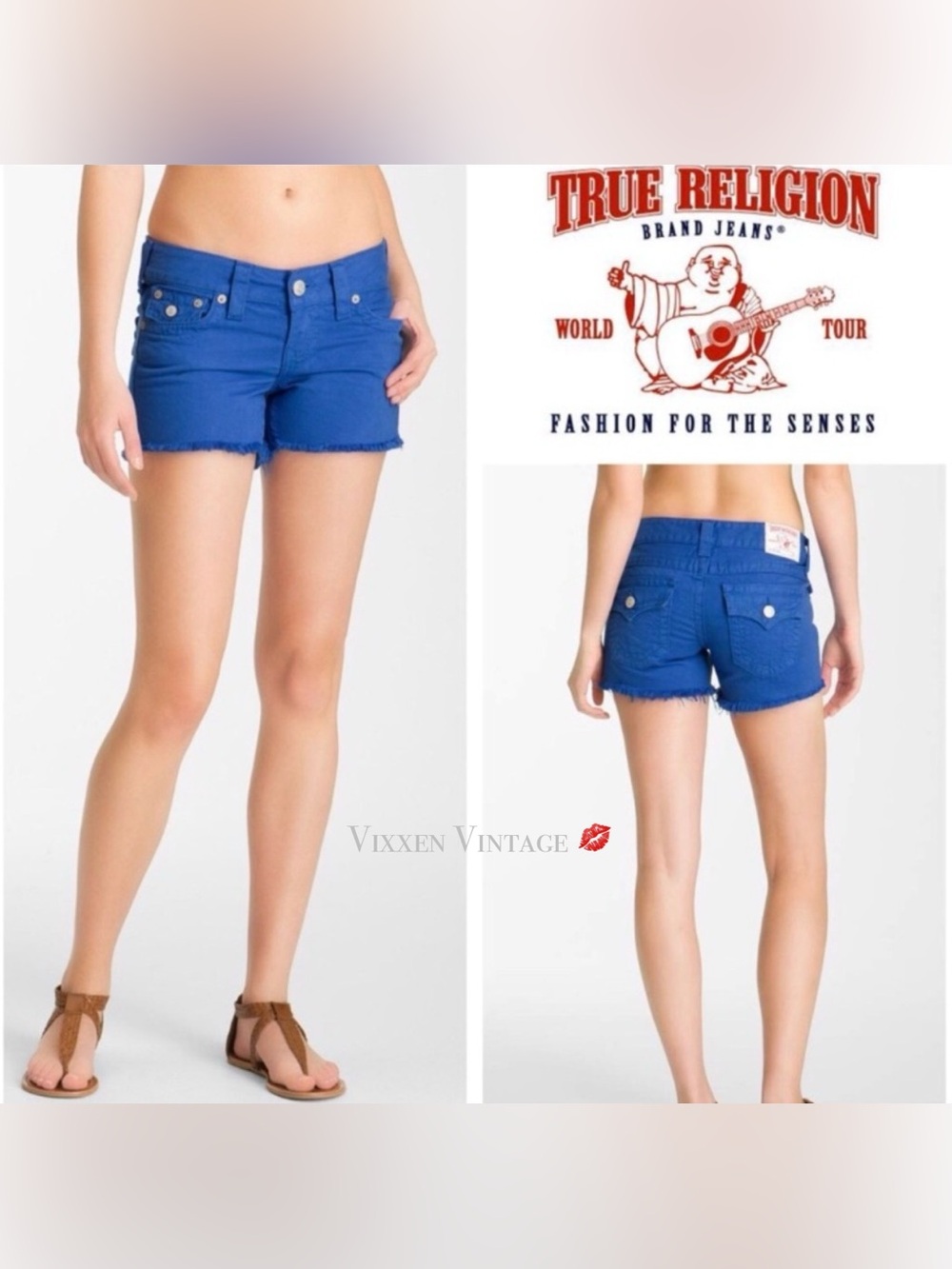 TRUE RELIGION LOW RISE FRAYED ‘KEIRA MID-RISE SHORTS’ IN COBALT BLUE